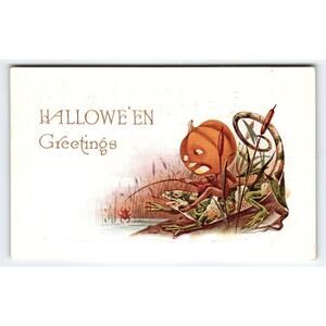 Vintage 1913 Halloween Fantasy Greetings Postcard Pumpkin Head Riding Frog Swamp